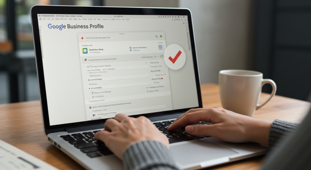 A person setting up and optimizing their Google Business Profile.